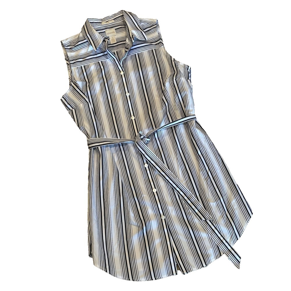 Chicos Dress Tunic Womens Size 1 White Navy stripe Sleeveless Button Up Belted‎